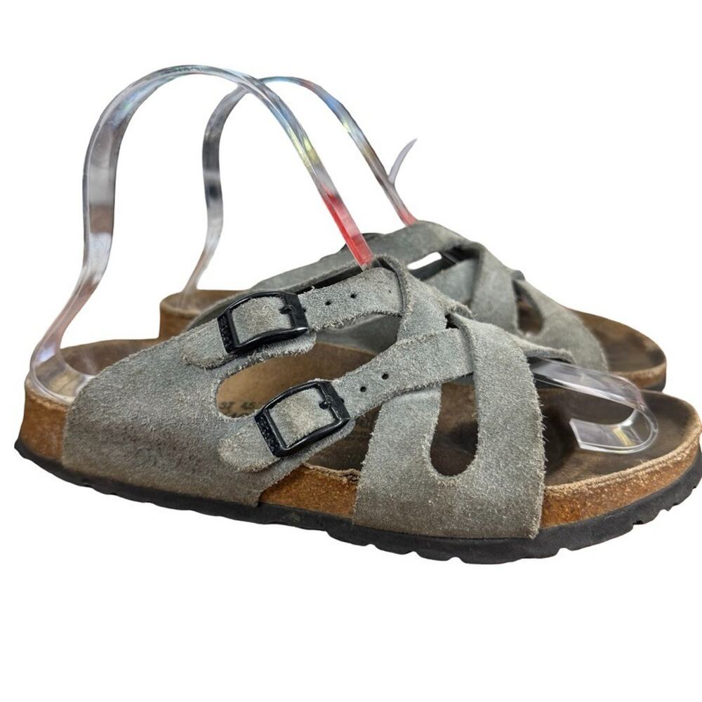 Birkis Birkenstock Suede Leather Lugano Slides Sandals Blue Shoes Slip On sz 6